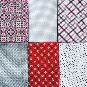 Quilt Bundle 6 Half Yards Floral Plaid & Geometric Red Black White Cotton Fabric